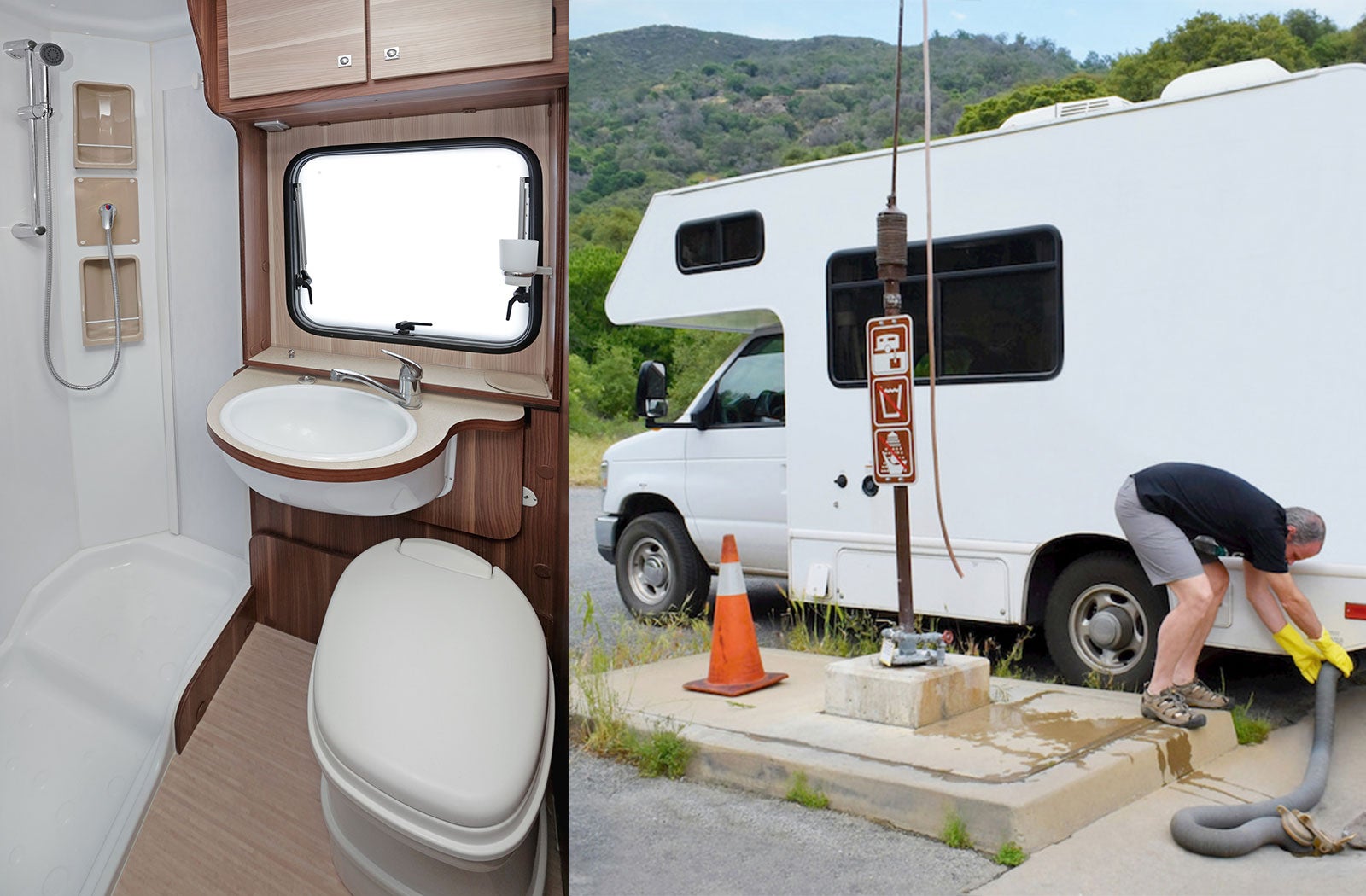 Portable RV/camper toilet and holding tank setup in Newhall, California